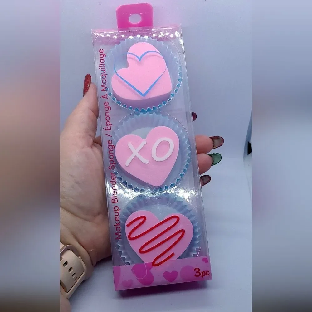 Pink Heart Makeup Blender Sponges 3pc Cupcake Valentine Beauty Gift Box Set NIP